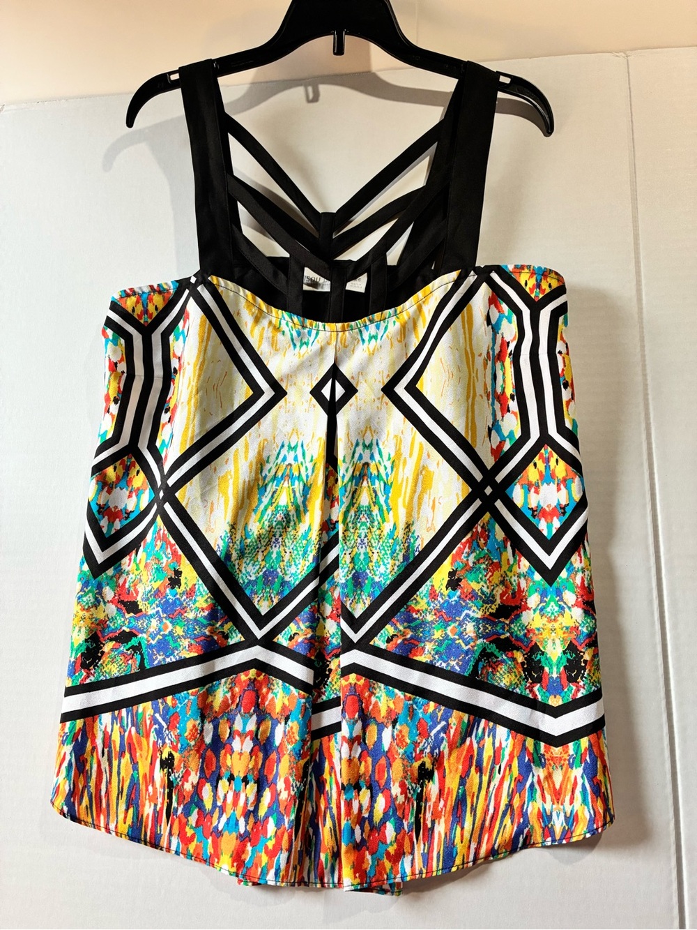 Bisou Bisou Multicolor Geometric Print Tank with Black Strappy Yoke
